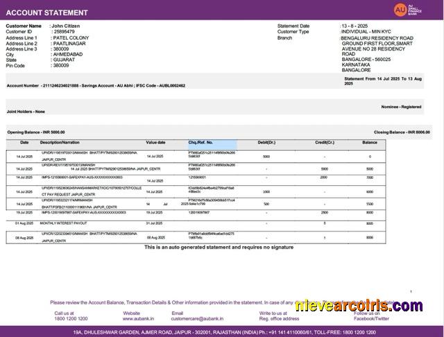 India AU Small Finance bank account statement Word and PDF, version 2